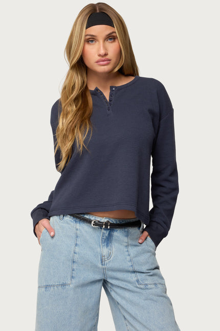Deni Long Sleeve Henley Waffle Top - Navy