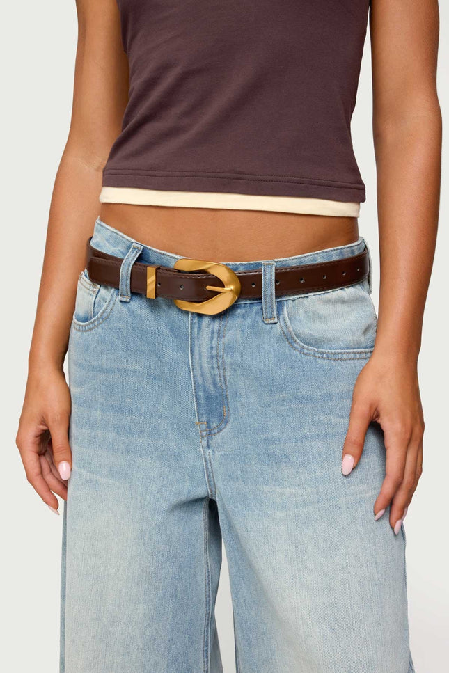 All Buckled Faux Leather Belt - Brown