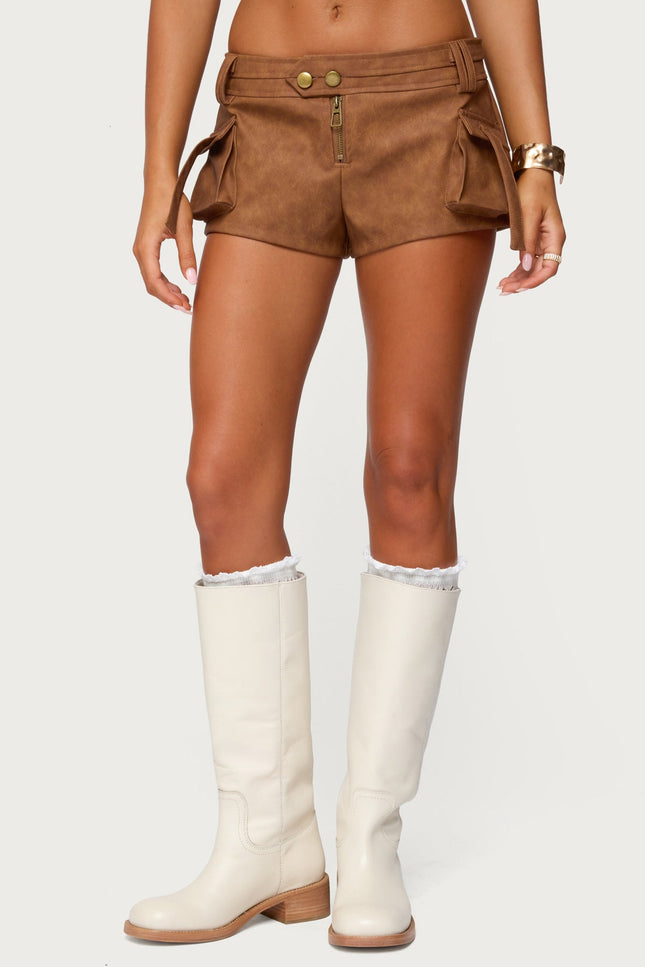 Washed Faux Leather Micro Cargo Shorts - Tan