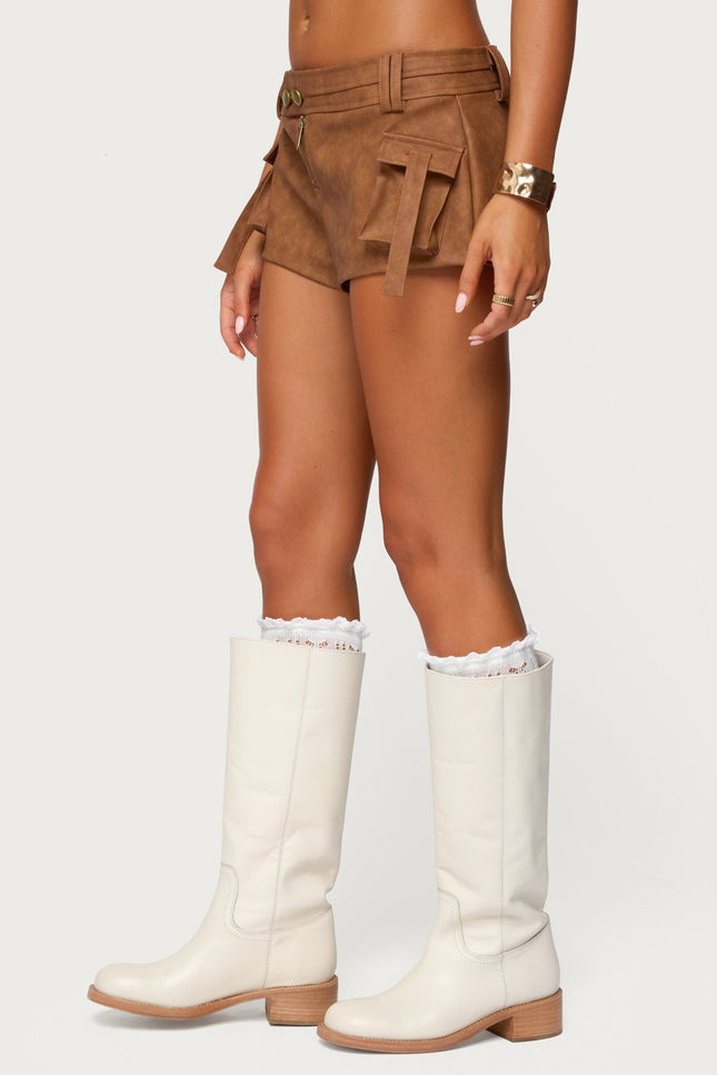 Washed Faux Leather Micro Cargo Shorts - Tan