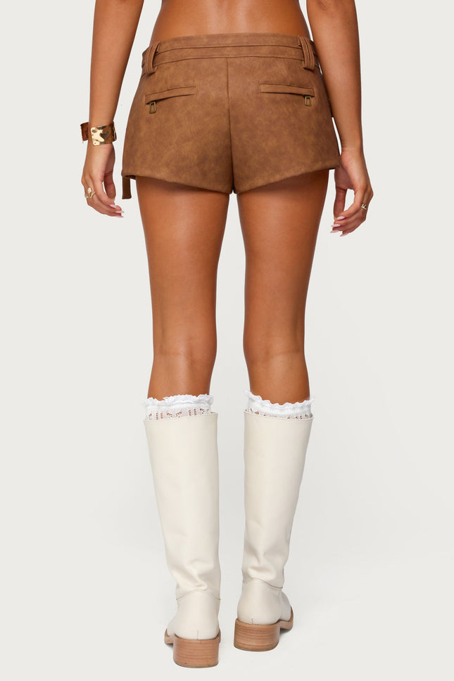 Washed Faux Leather Micro Cargo Shorts - Tan