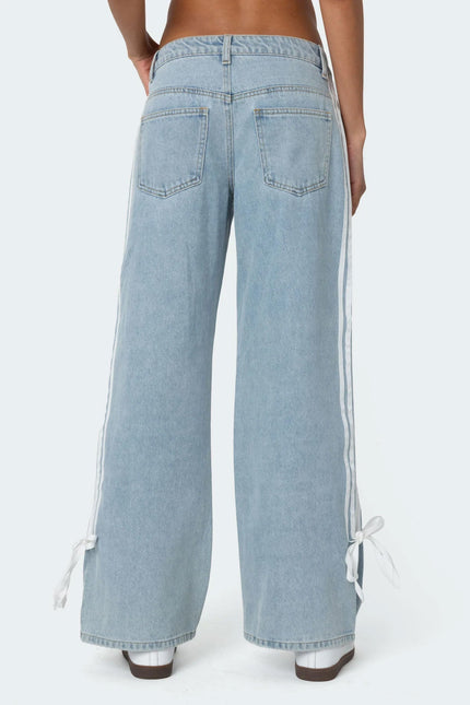 Ribbon Washed Low Rise Baggy Jeans - Light Blue