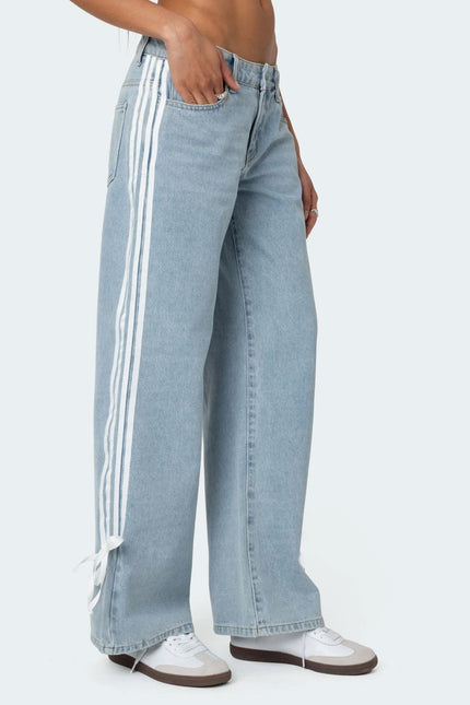 Ribbon Washed Low Rise Baggy Jeans - Light Blue