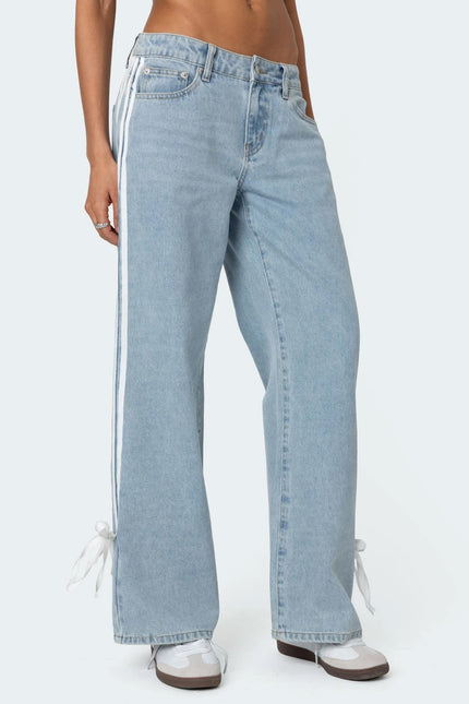 Ribbon Washed Low Rise Baggy Jeans - Light Blue