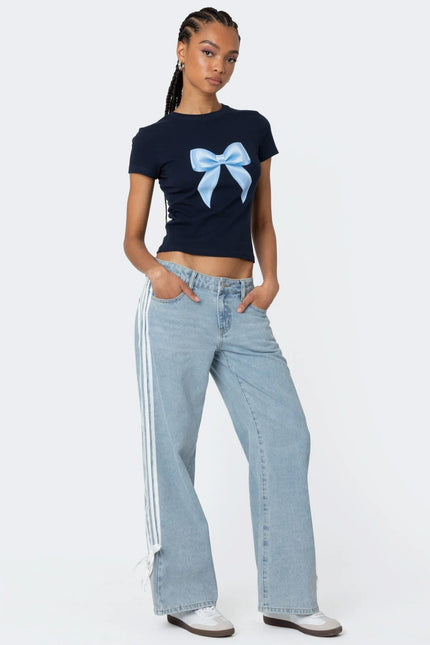 Ribbon Washed Low Rise Baggy Jeans - Light Blue