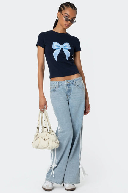 Ribbon Washed Low Rise Baggy Jeans - Light Blue