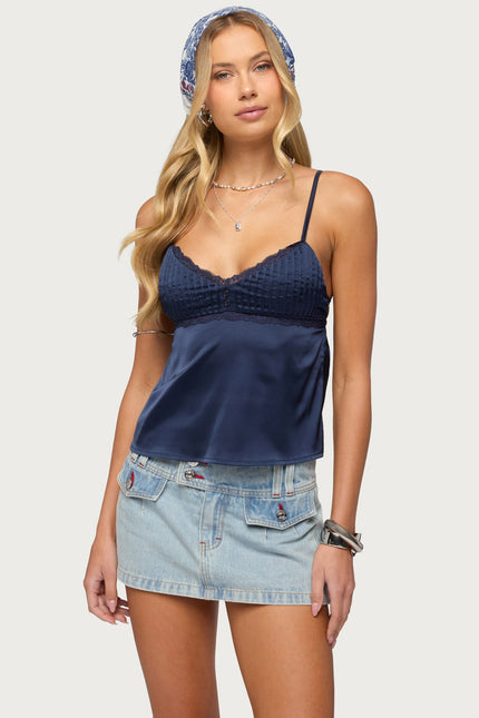 Blanca Satin Effect Lace Trim Tank Top - Navy