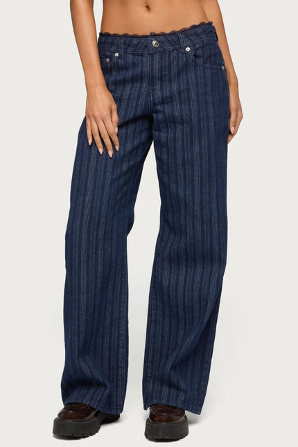 Lace Trim Striped Low Rise Baggy Jeans - Blue