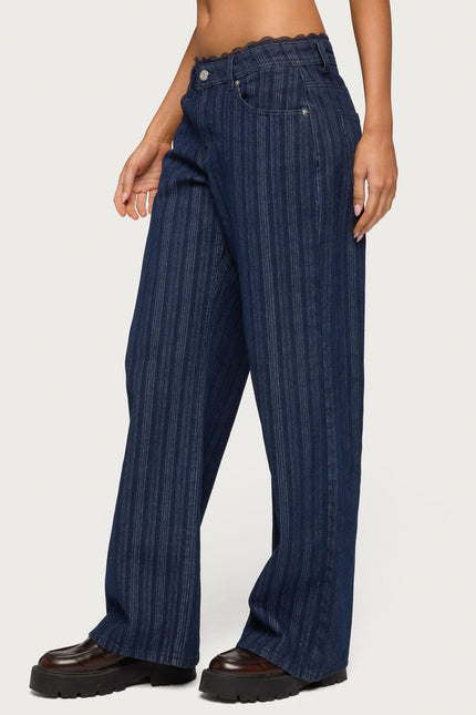 Lace Trim Striped Low Rise Baggy Jeans - Blue