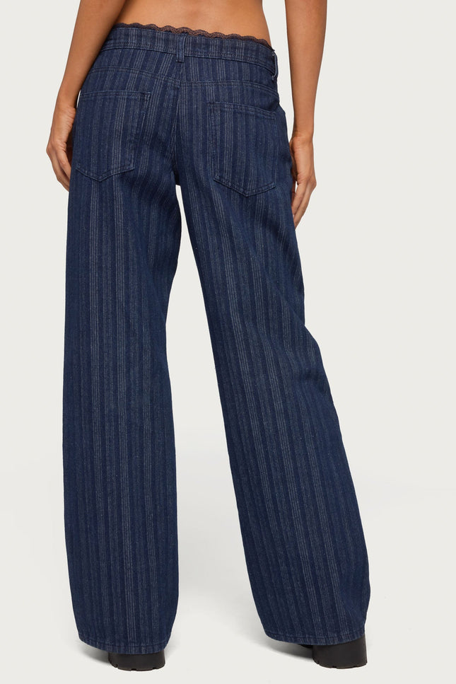 Lace Trim Striped Low Rise Baggy Jeans - Blue