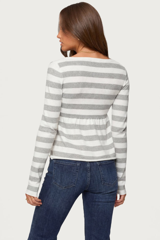 Lockie Striped Knit Babydoll Top - Light Gray