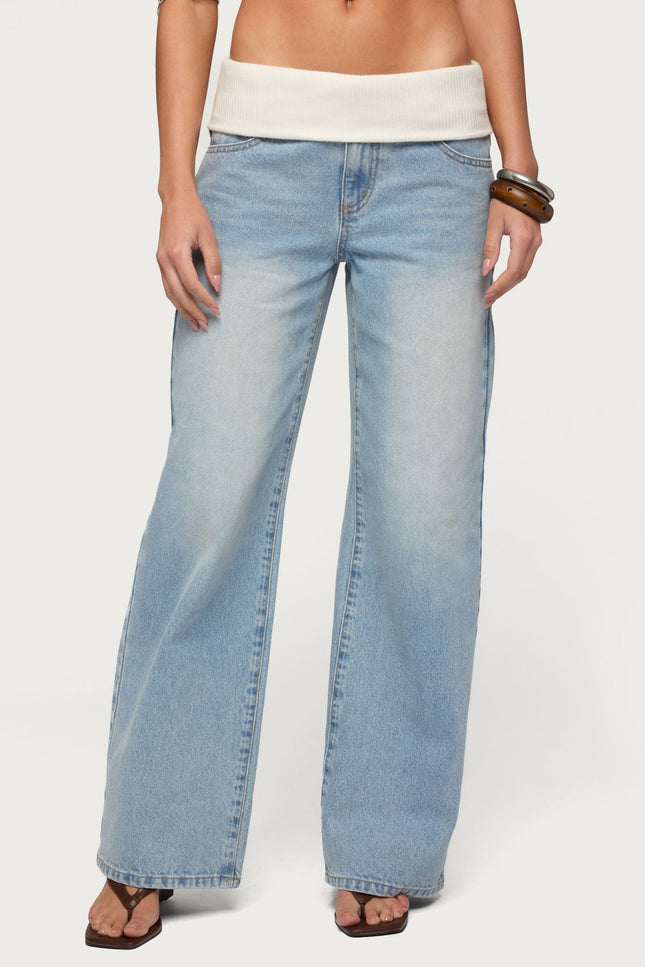 Knit Foldover Low Rise Baggy Jeans - Light Blue