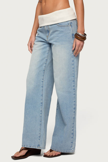 Knit Foldover Low Rise Baggy Jeans - Light Blue
