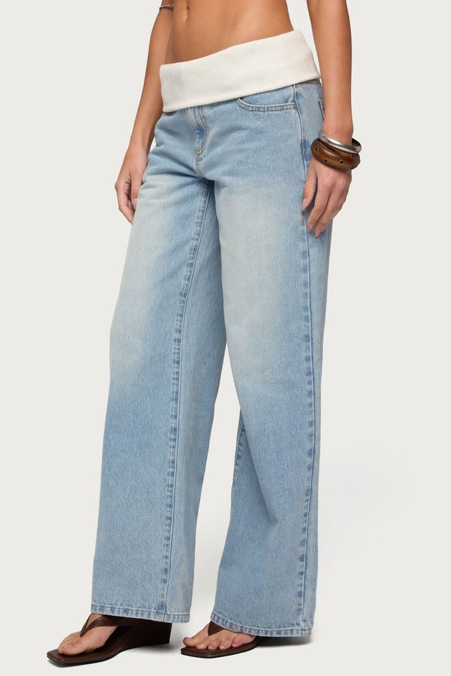 Knit Foldover Low Rise Baggy Jeans - Light Blue