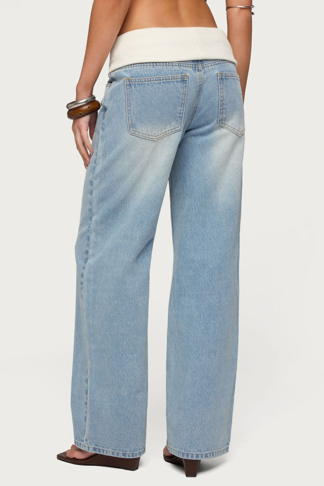 Knit Foldover Low Rise Baggy Jeans - Light Blue