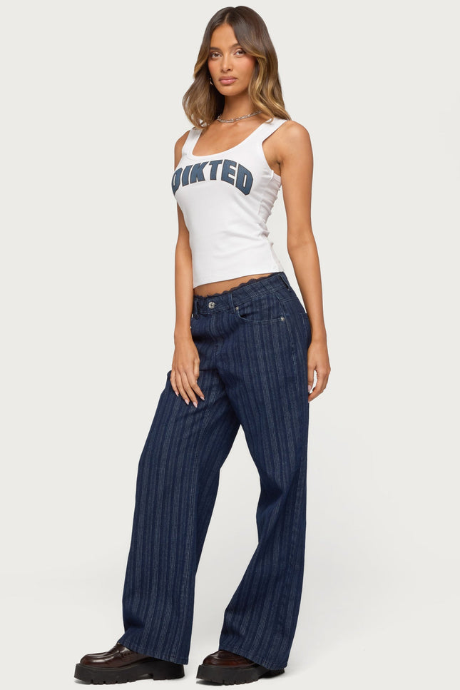 Lace Trim Striped Low Rise Baggy Jeans - Blue