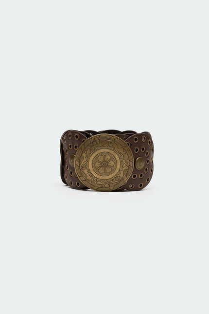 Faux Leather Western Disc Belt - Brown