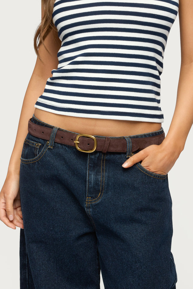 Oval Buckle Faux Suede Belt - Dark Brown
