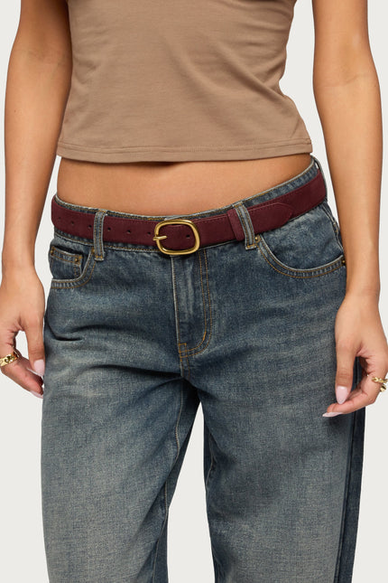 Oval Buckle Faux Suede Belt - Burgundy