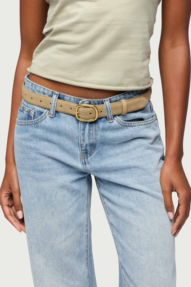 Oval Buckle Faux Suede Belt - Taupe Grey
