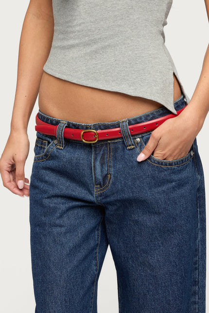 Oval Buckle Faux Leather Belt - Red