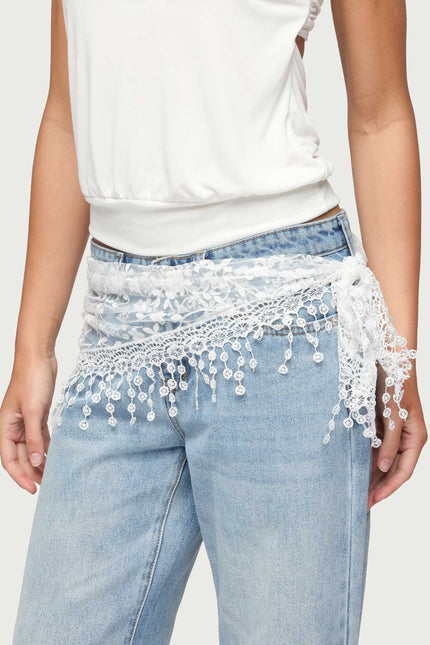 Sparkle Floral Sheer Lace Waist Scarf - White