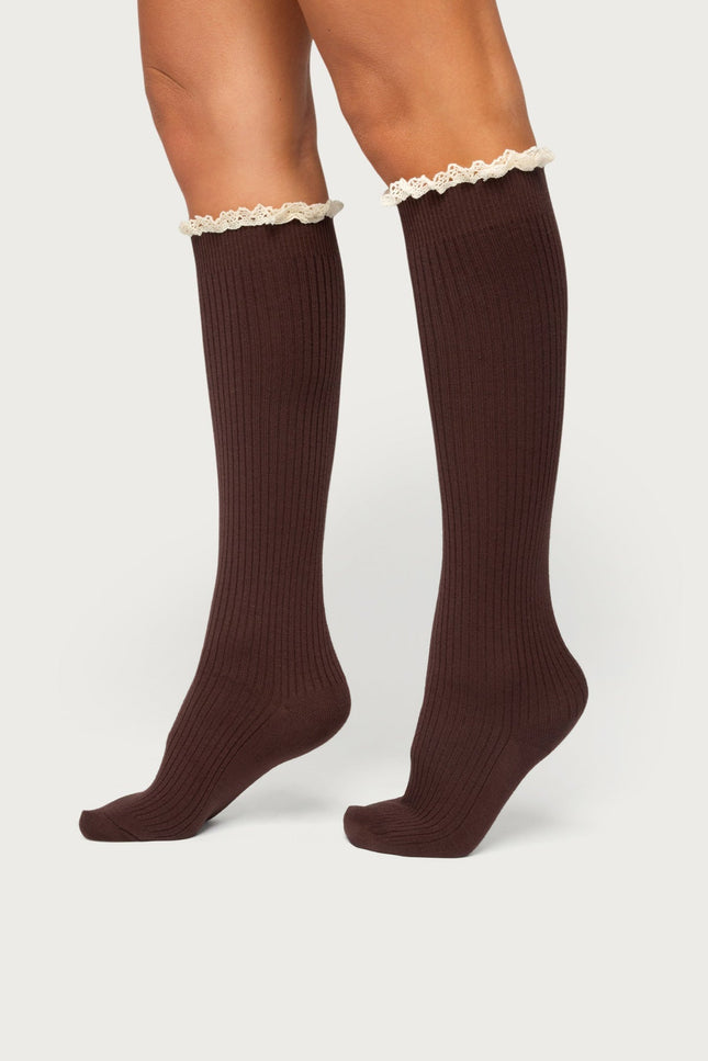 Lacey Ruffle Knee High Socks - Brown