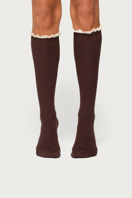 Lacey Ruffle Knee High Socks - Brown