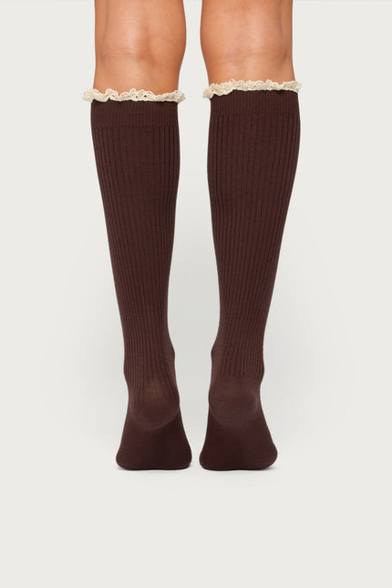 Lacey Ruffle Knee High Socks - Brown