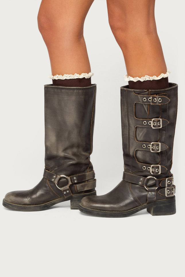 Lacey Ruffle Knee High Socks - Brown