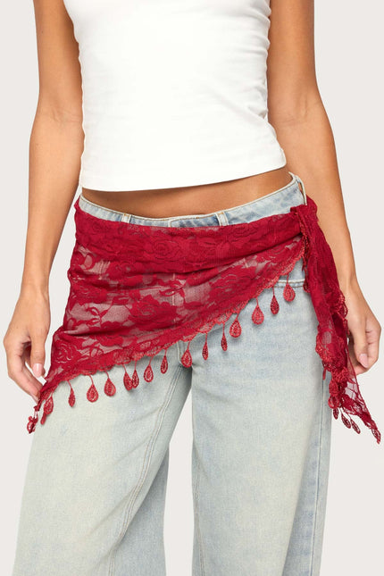 Lover Floral Sheer Lace Waist Scarf - Burgundy