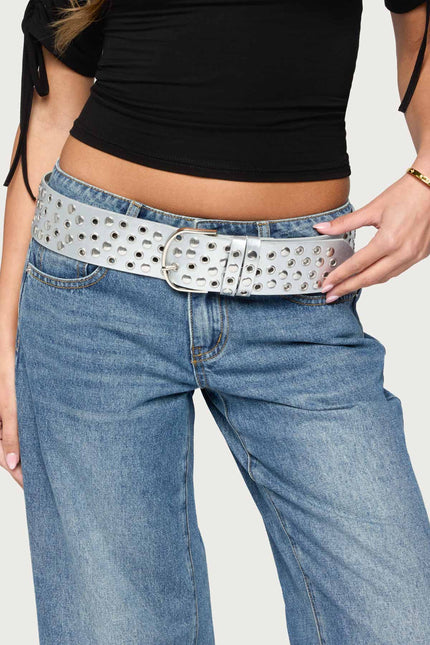 Studded Grommet Faux Leather Belt - Silver