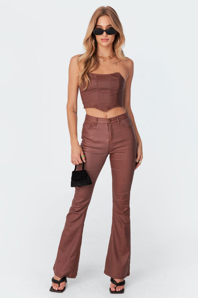 Luna Faux Leather Mid Rise Flared Jeans - Brown