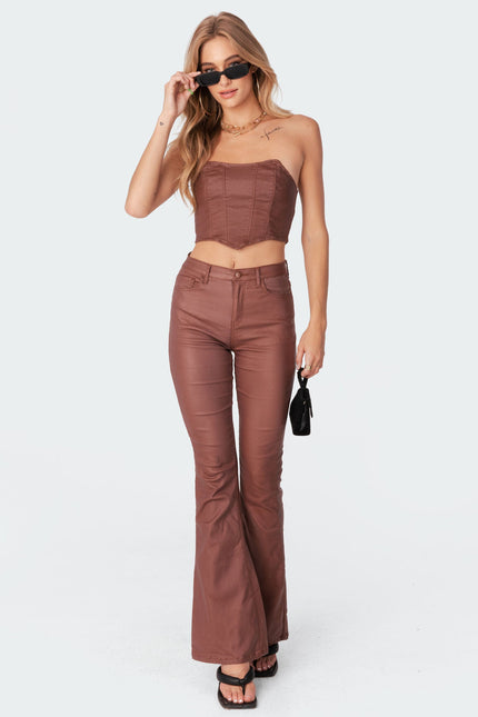 Luna Faux Leather Mid Rise Flared Jeans - Brown