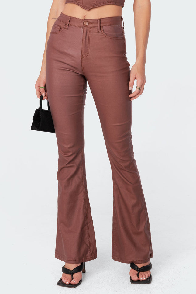 Luna Faux Leather Mid Rise Flared Jeans - Brown