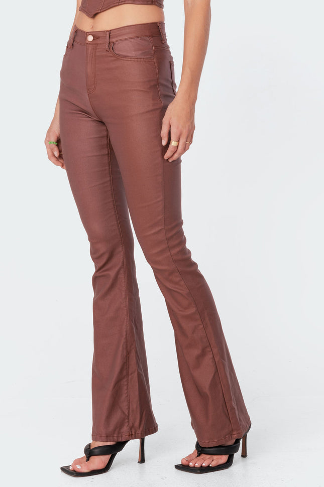 Luna Faux Leather Mid Rise Flared Jeans - Brown
