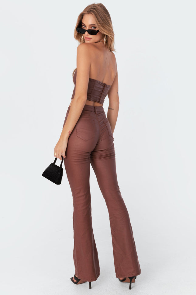 Luna Faux Leather Mid Rise Flared Jeans - Brown
