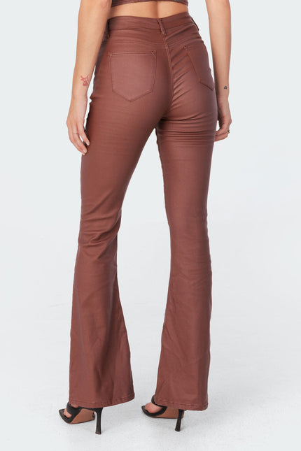 Luna Faux Leather Mid Rise Flared Jeans - Brown