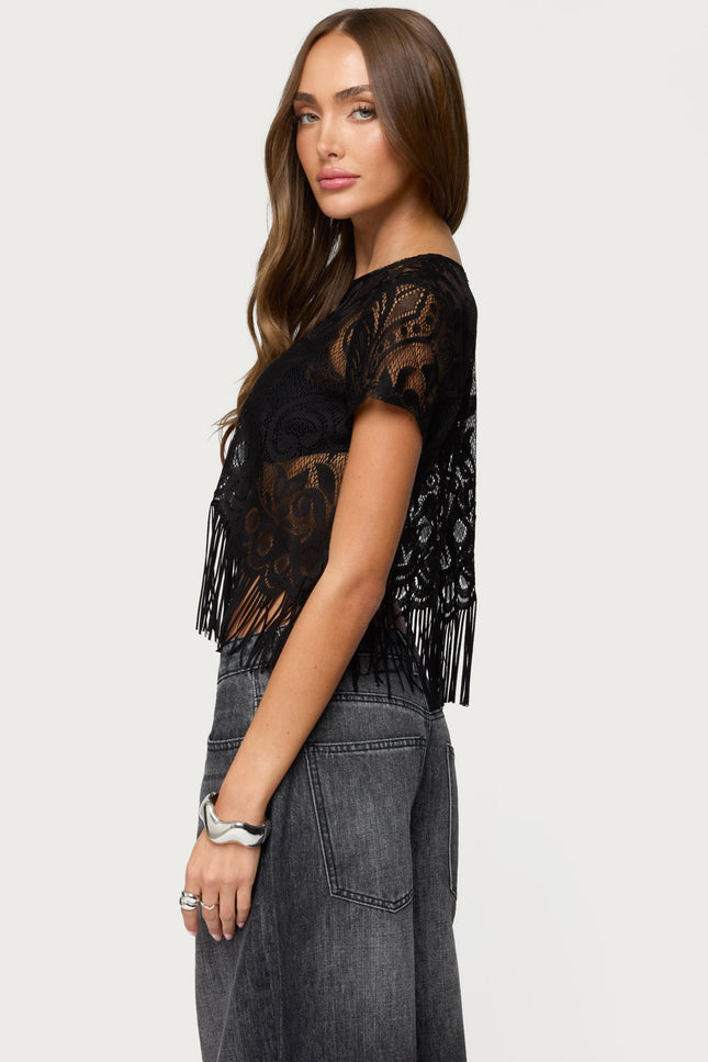 Kira Sheer Lace Fringe Top - Black