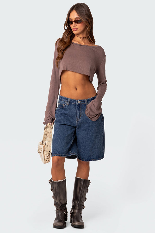 Sheer Raw Hem Crop Top - Brown