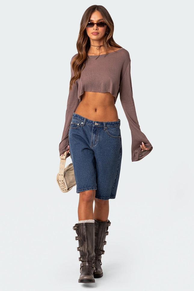 Sheer Raw Hem Crop Top - Brown