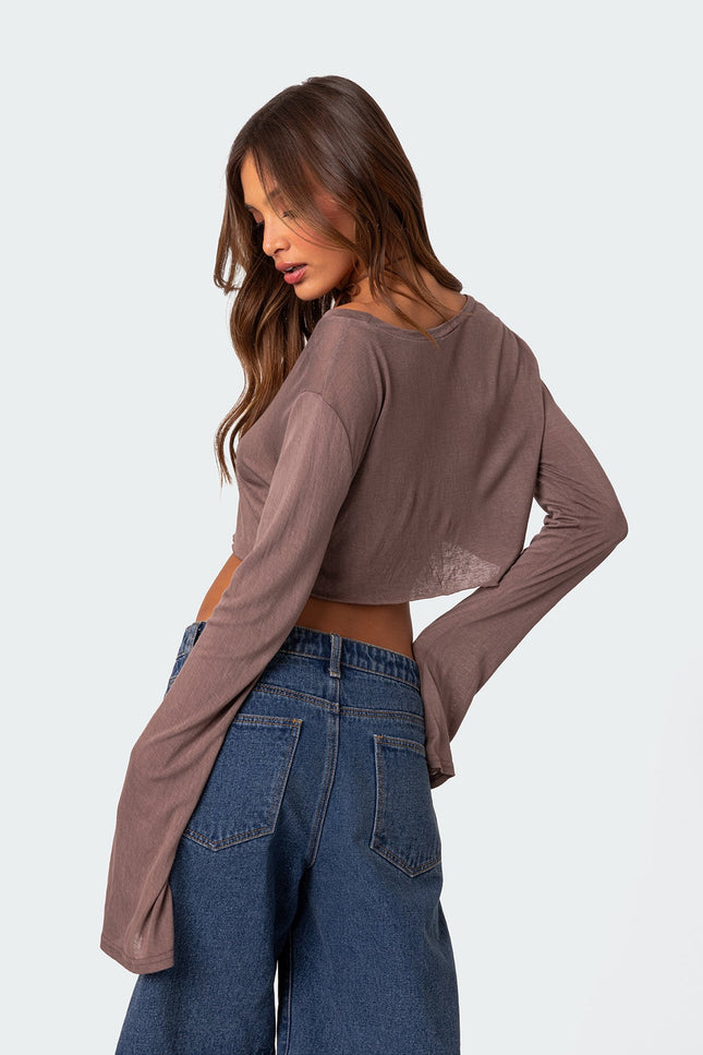 Sheer Raw Hem Crop Top - Brown