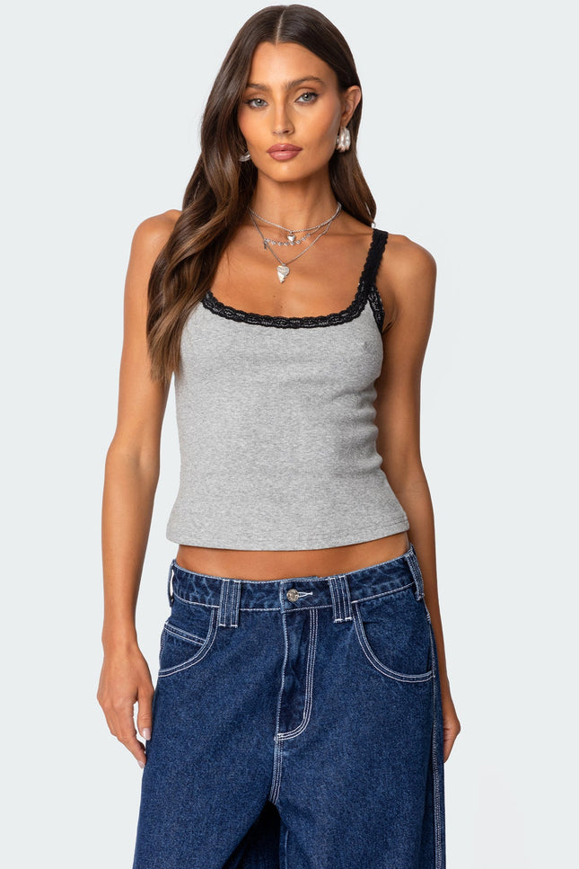 Jude Lacey Ribbed Tank Top - Gray Melange