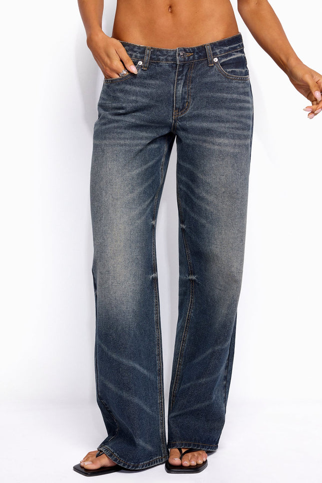 Raelynn Washed Low Rise Baggy Jeans - Cosmos Blue