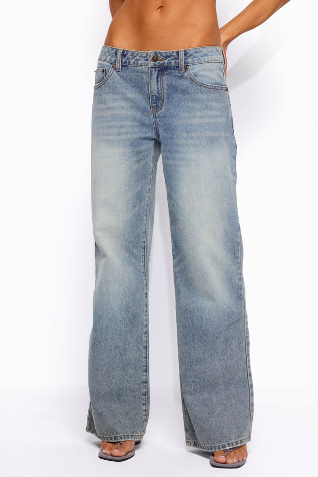 Raelynn Washed Low Rise Baggy Jeans - Tidal Blue
