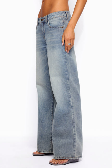 Raelynn Washed Low Rise Baggy Jeans - Tidal Blue