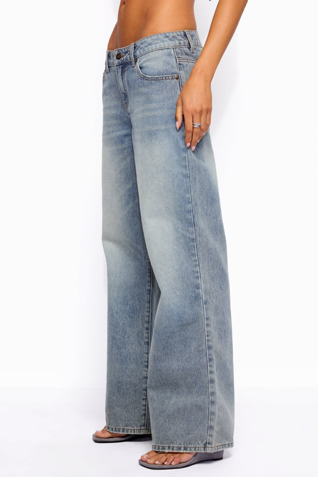 Raelynn Washed Low Rise Baggy Jeans - Tidal Blue