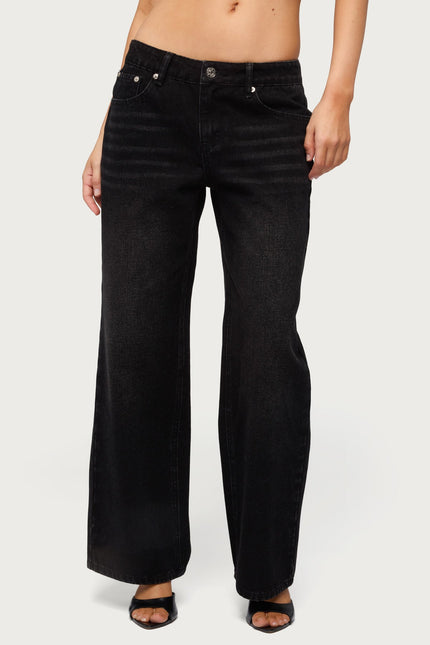 Petite Raelynn Washed Low Rise Baggy Jeans - Denim Black