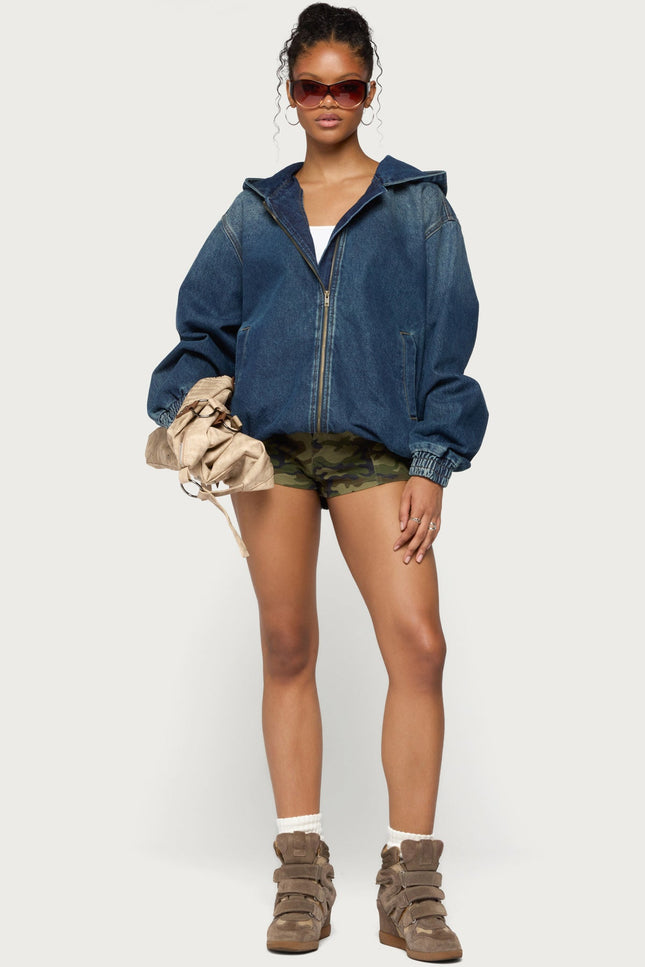 Hooded Vintage Washed Denim Bomber Jacket - Medium Blue