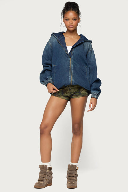 Hooded Vintage Washed Denim Bomber Jacket - Medium Blue